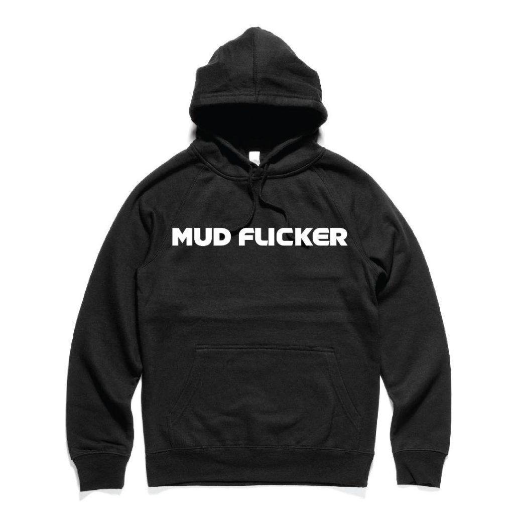 A black hoodie with the Mud Flicker logo