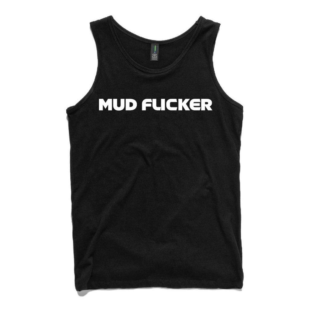 A black men's singlet with the Mud Flicker logo