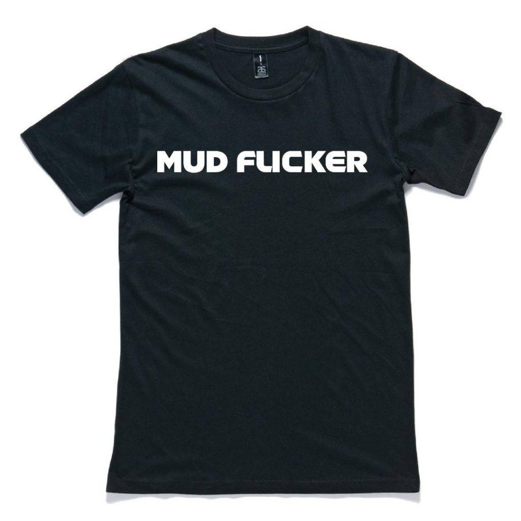A black tee shirt with the Mud Flicker logo