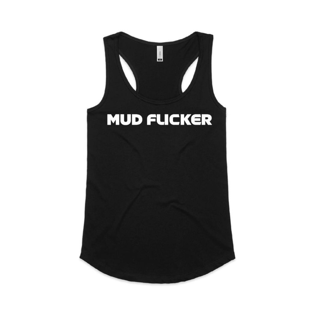 A black singlet with the Mud Flicker logo