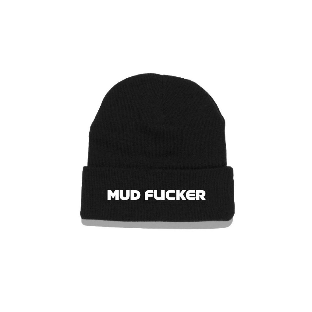 A black beanie with the Mud Flicker logo